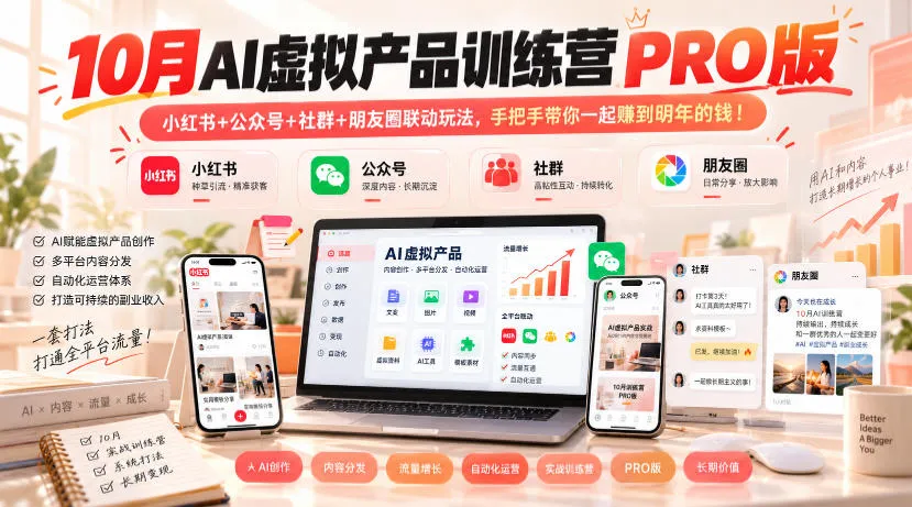10月AI虚拟产品训练营PRO版,小红书+公众号+社群+朋友圈联动玩法,手把手带你一起赚到明年的钱!